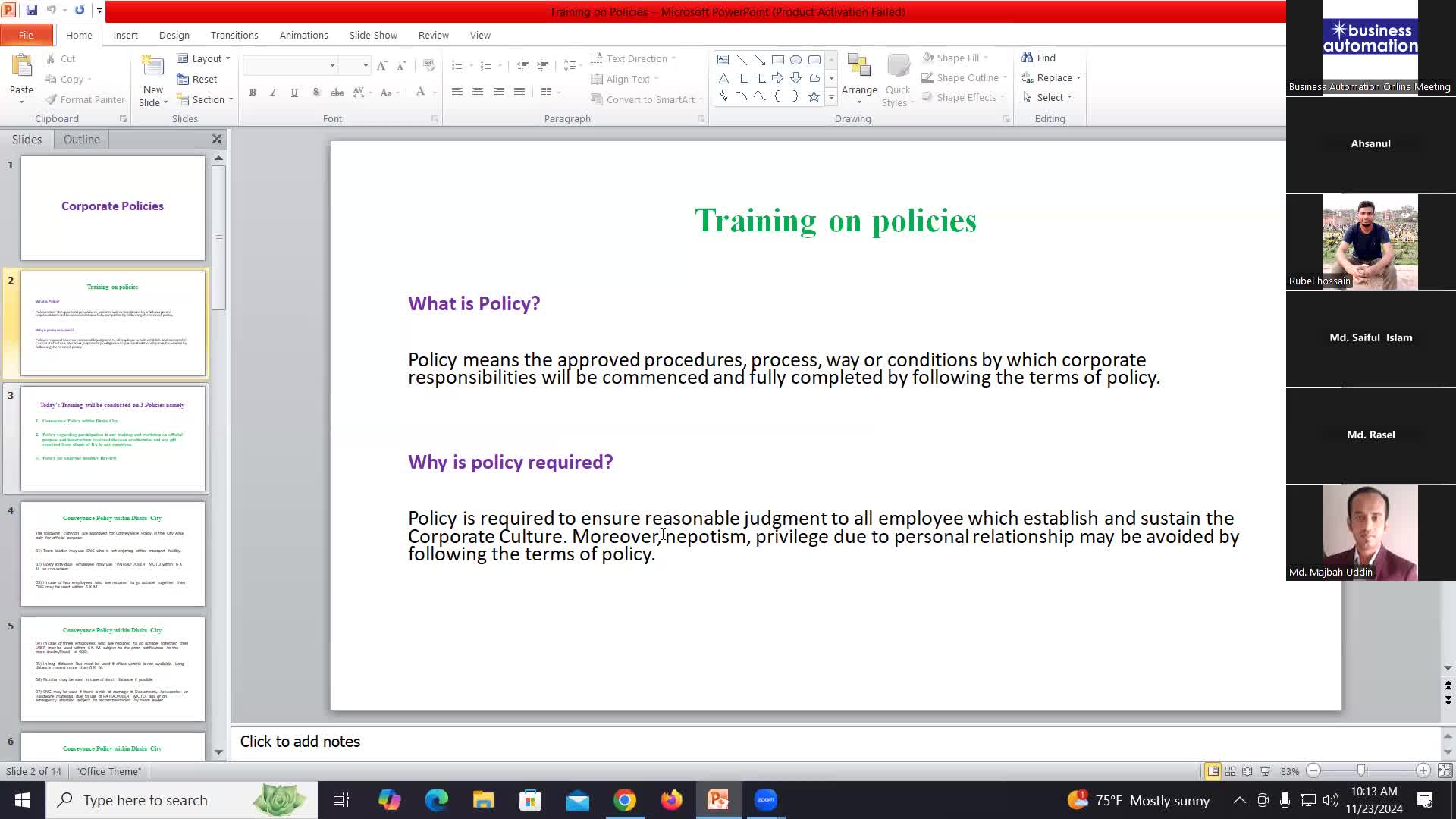 Training as to Corporate Policies